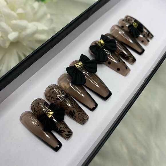 Elegant Bow Black Custom Press On Nails | Handmade Press On Nails | Fake Nails - Picture 3 of 10